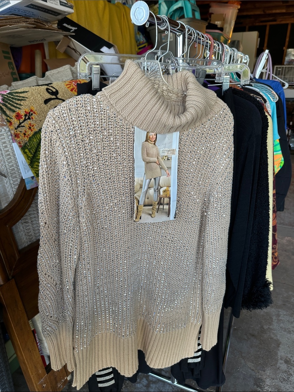 Boston Proper Beige Sequin Cowlneck Sweater